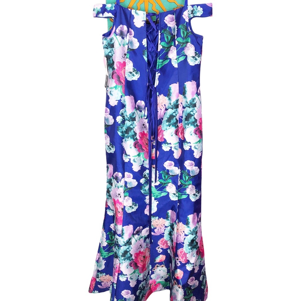 Off The Shoulder Floral Print Satin Square Neck Corset Back Hourglass Prom Dress - Picture 5 of 14